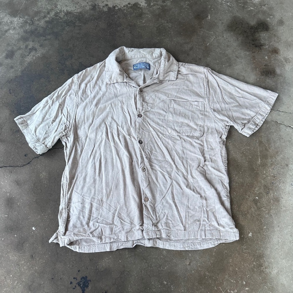 Free Planet Button Up Shirt Mens XL Tan Excellent Linen Blend Short Sleeve
